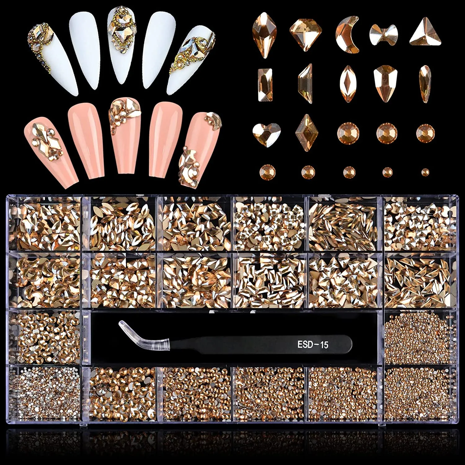3100Pcs Professional Nail Rhinestones Kit EBANKU Green Nail Art Crystal Rhinestones for Nails Mixed Shape AB Nail Gems Jewels with Rhinestone Picker Dotting Pen Tweezers