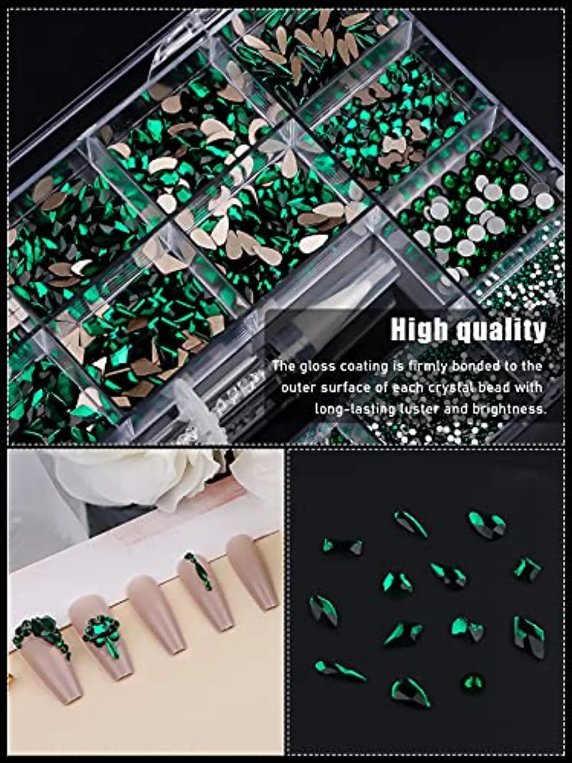 3100Pcs Professional Nail Rhinestones Kit EBANKU Green Nail Art Crystal Rhinestones for Nails Mixed Shape AB Nail Gems Jewels with Rhinestone Picker Dotting Pen Tweezers