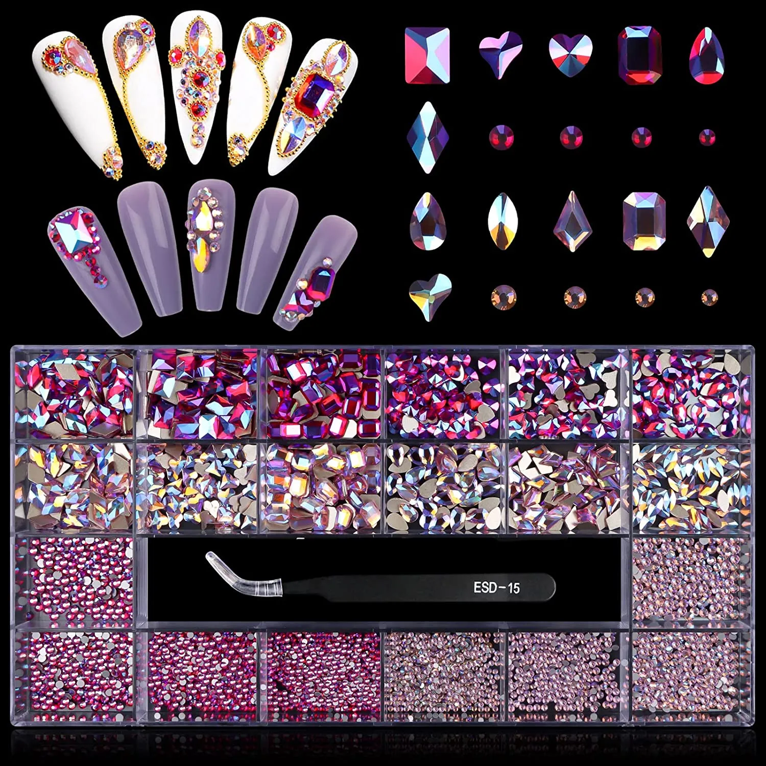 3100Pcs Professional Nail Rhinestones Kit EBANKU Green Nail Art Crystal Rhinestones for Nails Mixed Shape AB Nail Gems Jewels with Rhinestone Picker Dotting Pen Tweezers