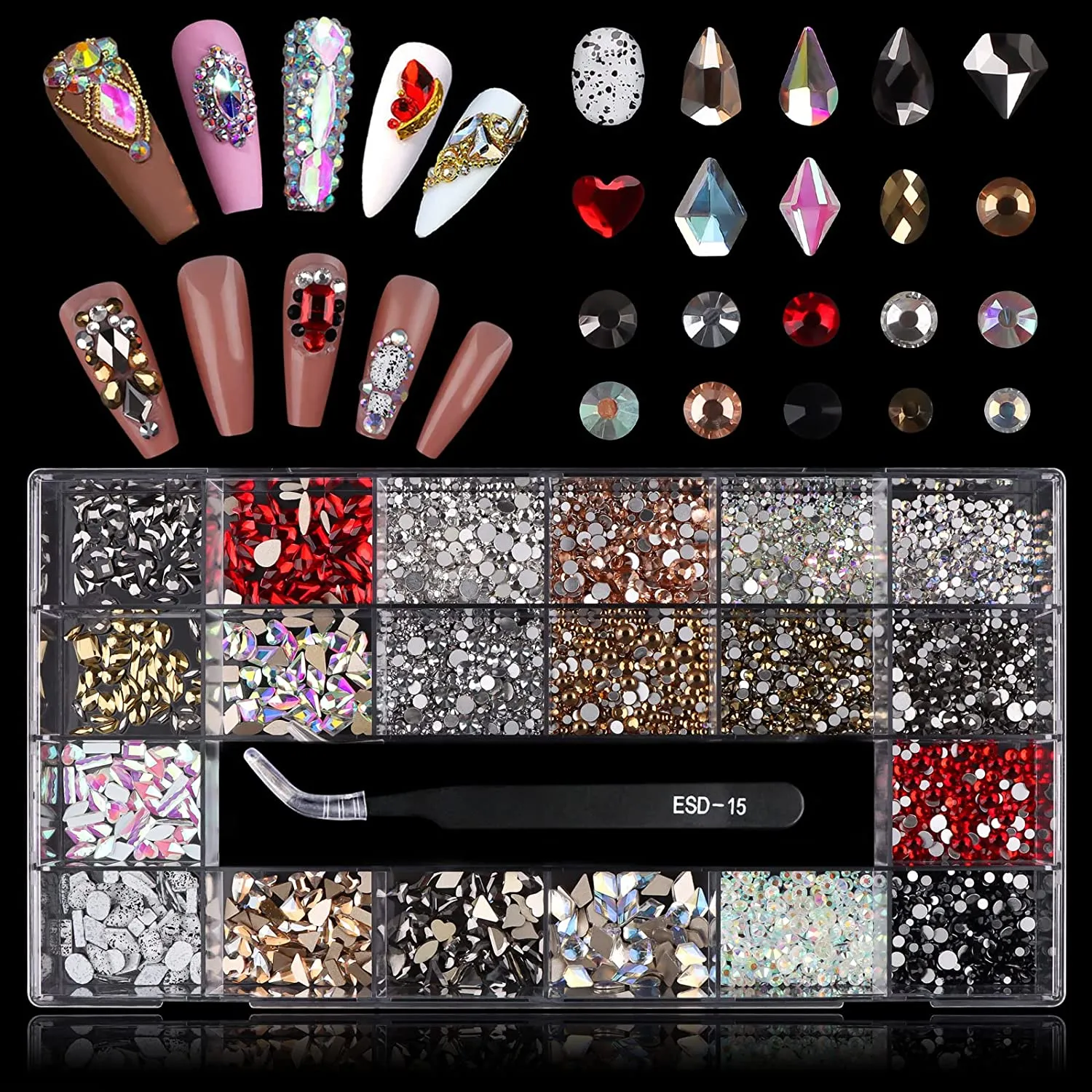 3100Pcs Professional Nail Rhinestones Kit EBANKU Green Nail Art Crystal Rhinestones for Nails Mixed Shape AB Nail Gems Jewels with Rhinestone Picker Dotting Pen Tweezers