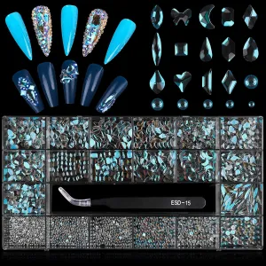 3100Pcs Professional Nail Rhinestones Kit EBANKU Green Nail Art Crystal Rhinestones for Nails Mixed Shape AB Nail Gems Jewels with Rhinestone Picker Dotting Pen Tweezers