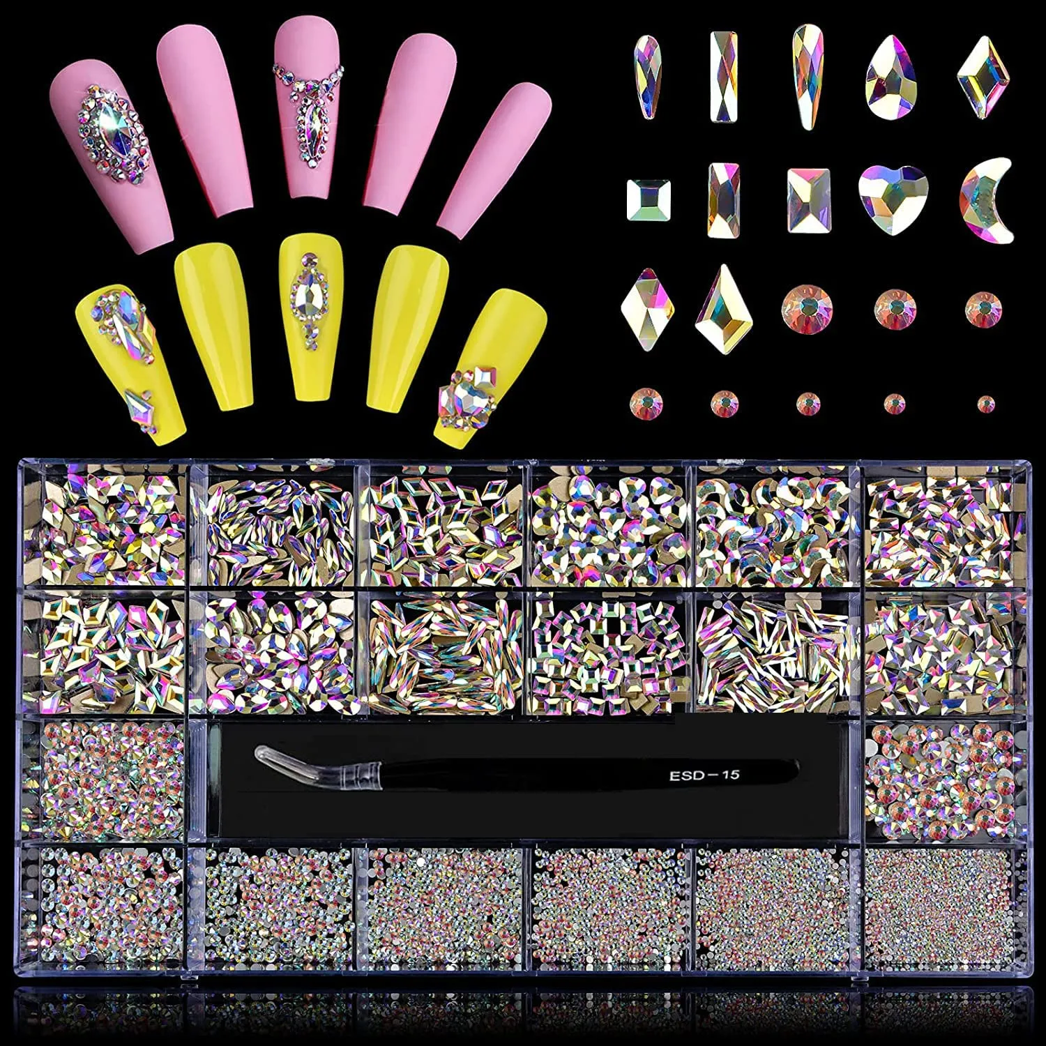3100Pcs Professional Nail Rhinestones Kit EBANKU Green Nail Art Crystal Rhinestones for Nails Mixed Shape AB Nail Gems Jewels with Rhinestone Picker Dotting Pen Tweezers
