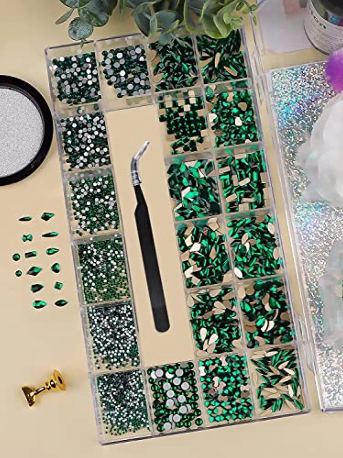 3100Pcs Professional Nail Rhinestones Kit EBANKU Green Nail Art Crystal Rhinestones for Nails Mixed Shape AB Nail Gems Jewels with Rhinestone Picker Dotting Pen Tweezers