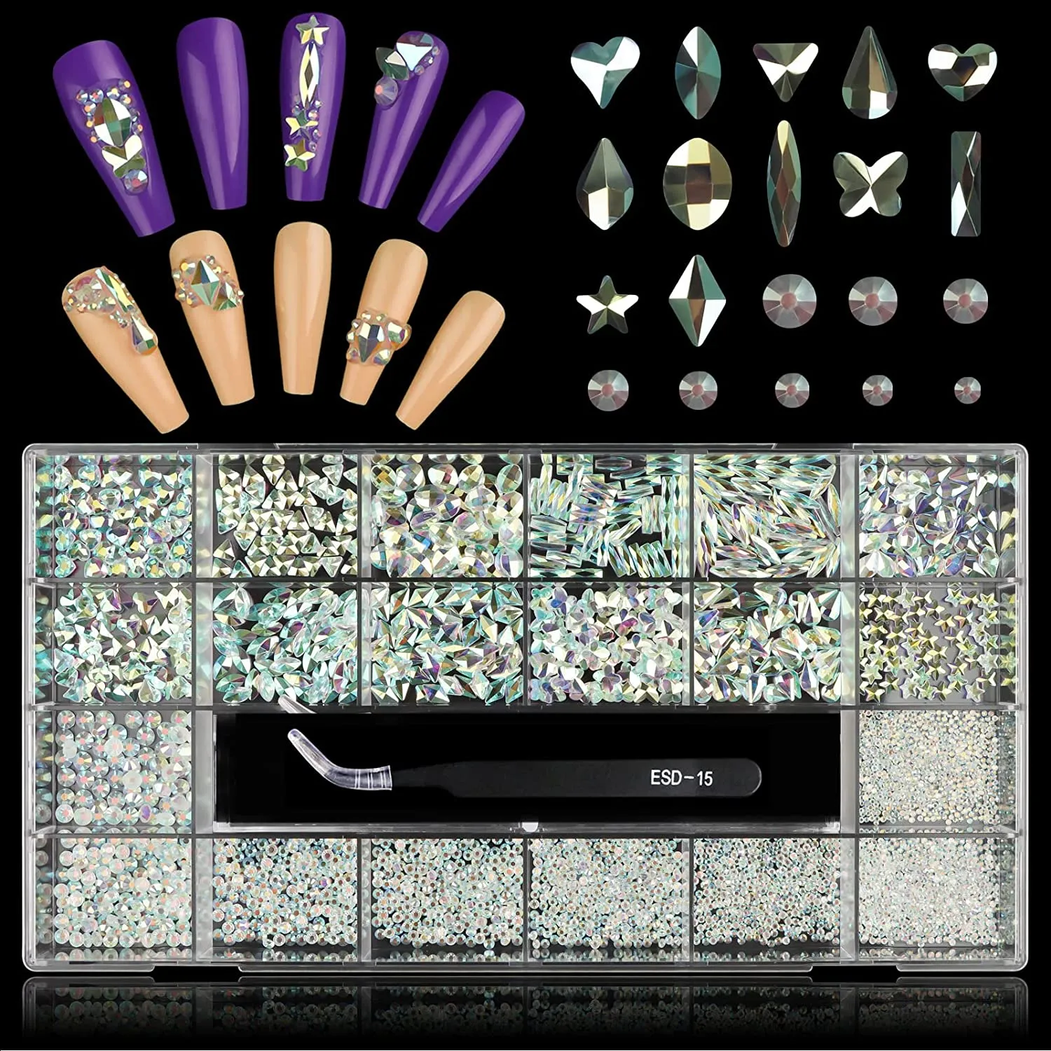 3100Pcs Professional Nail Rhinestones Kit EBANKU Green Nail Art Crystal Rhinestones for Nails Mixed Shape AB Nail Gems Jewels with Rhinestone Picker Dotting Pen Tweezers