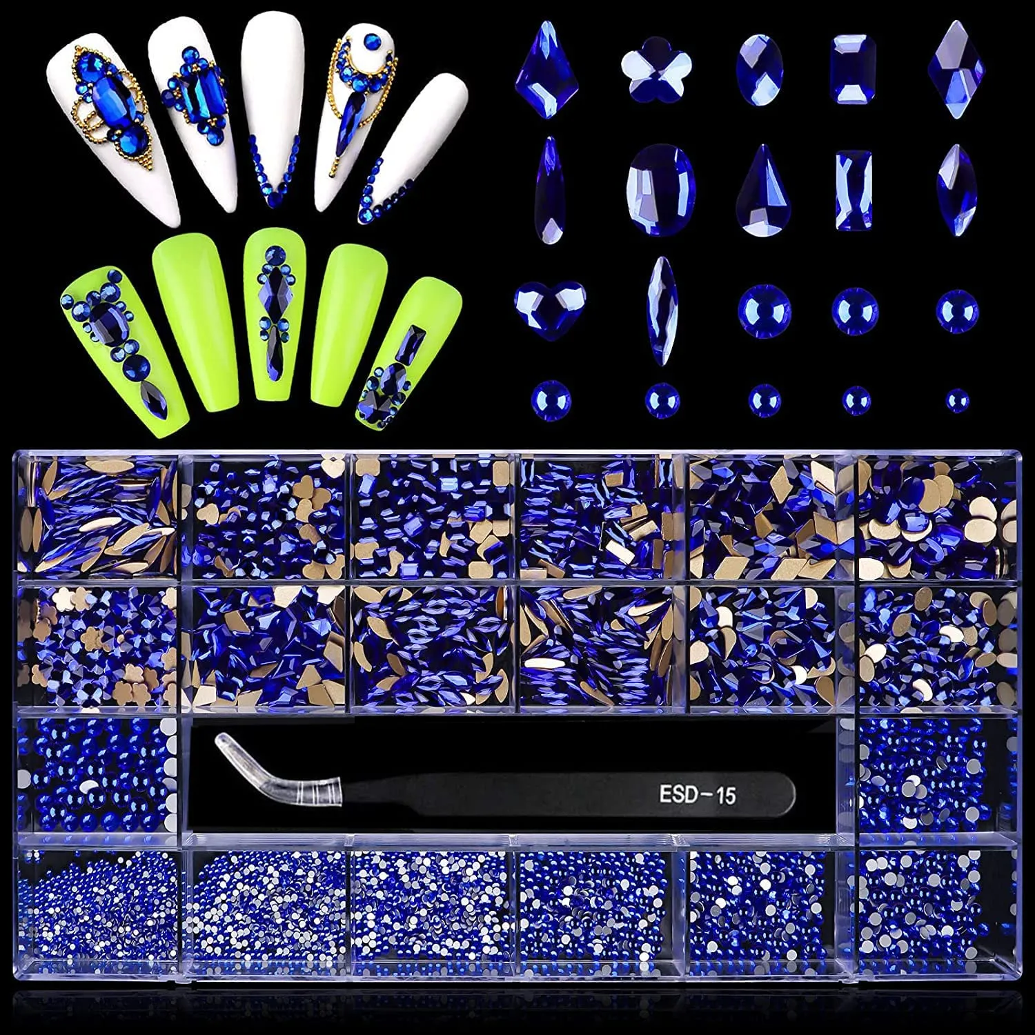 3100Pcs Professional Nail Rhinestones Kit EBANKU Green Nail Art Crystal Rhinestones for Nails Mixed Shape AB Nail Gems Jewels with Rhinestone Picker Dotting Pen Tweezers