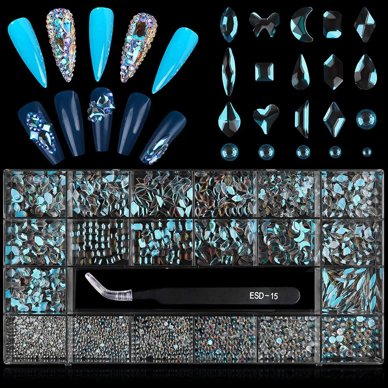 3100Pcs Professional Nail Rhinestones Kit EBANKU Green Nail Art Crystal Rhinestones for Nails Mixed Shape AB Nail Gems Jewels with Rhinestone Picker Dotting Pen Tweezers