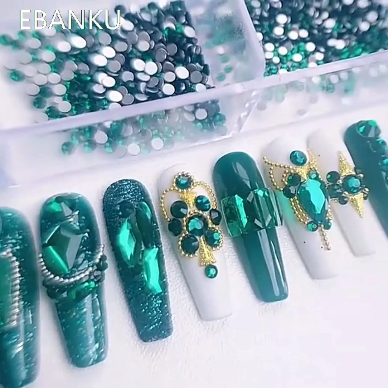 3100Pcs Professional Nail Rhinestones Kit EBANKU Green Nail Art Crystal Rhinestones for Nails Mixed Shape AB Nail Gems Jewels with Rhinestone Picker Dotting Pen Tweezers