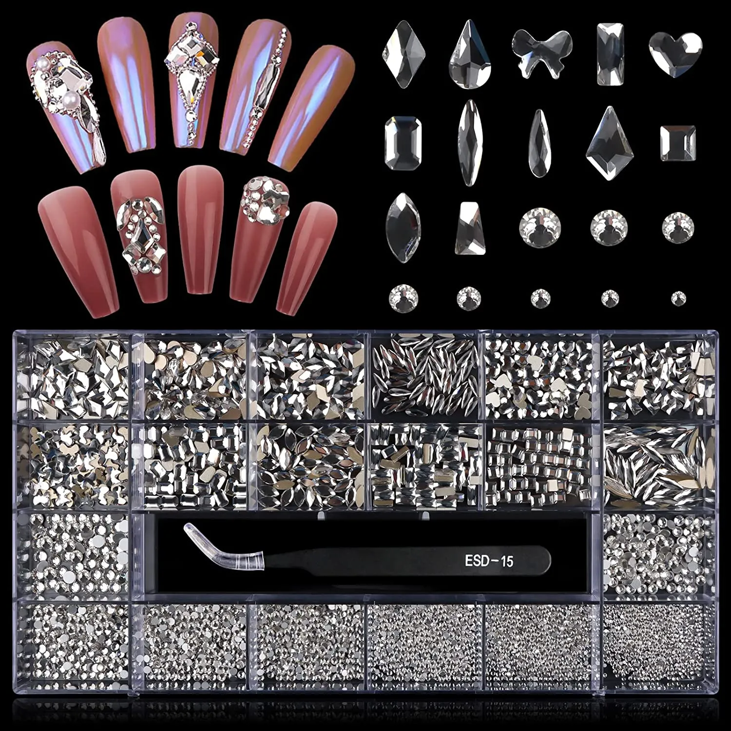 3100Pcs Professional Nail Rhinestones Kit EBANKU Green Nail Art Crystal Rhinestones for Nails Mixed Shape AB Nail Gems Jewels with Rhinestone Picker Dotting Pen Tweezers