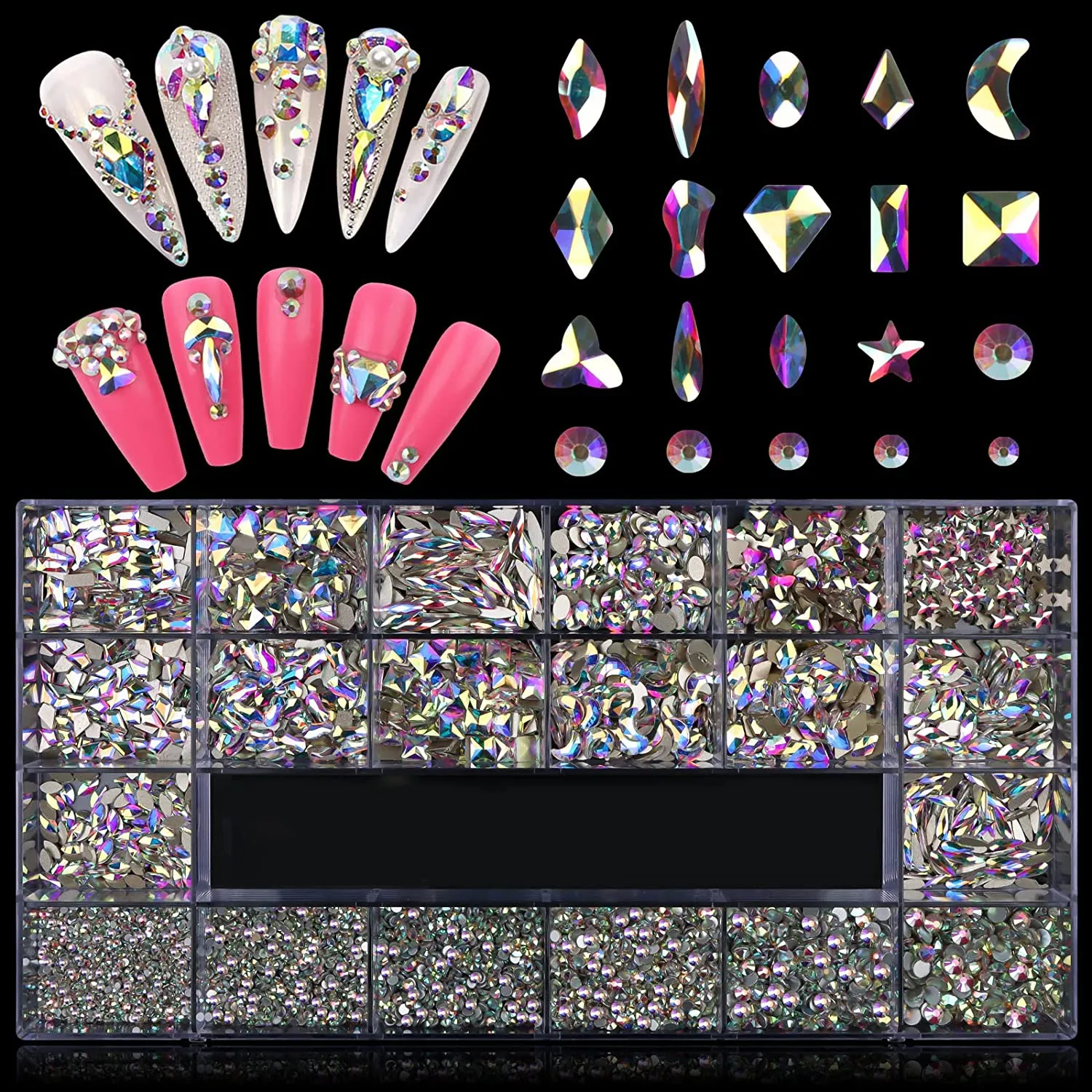 3100Pcs Professional Nail Rhinestones Kit EBANKU Green Nail Art Crystal Rhinestones for Nails Mixed Shape AB Nail Gems Jewels with Rhinestone Picker Dotting Pen Tweezers