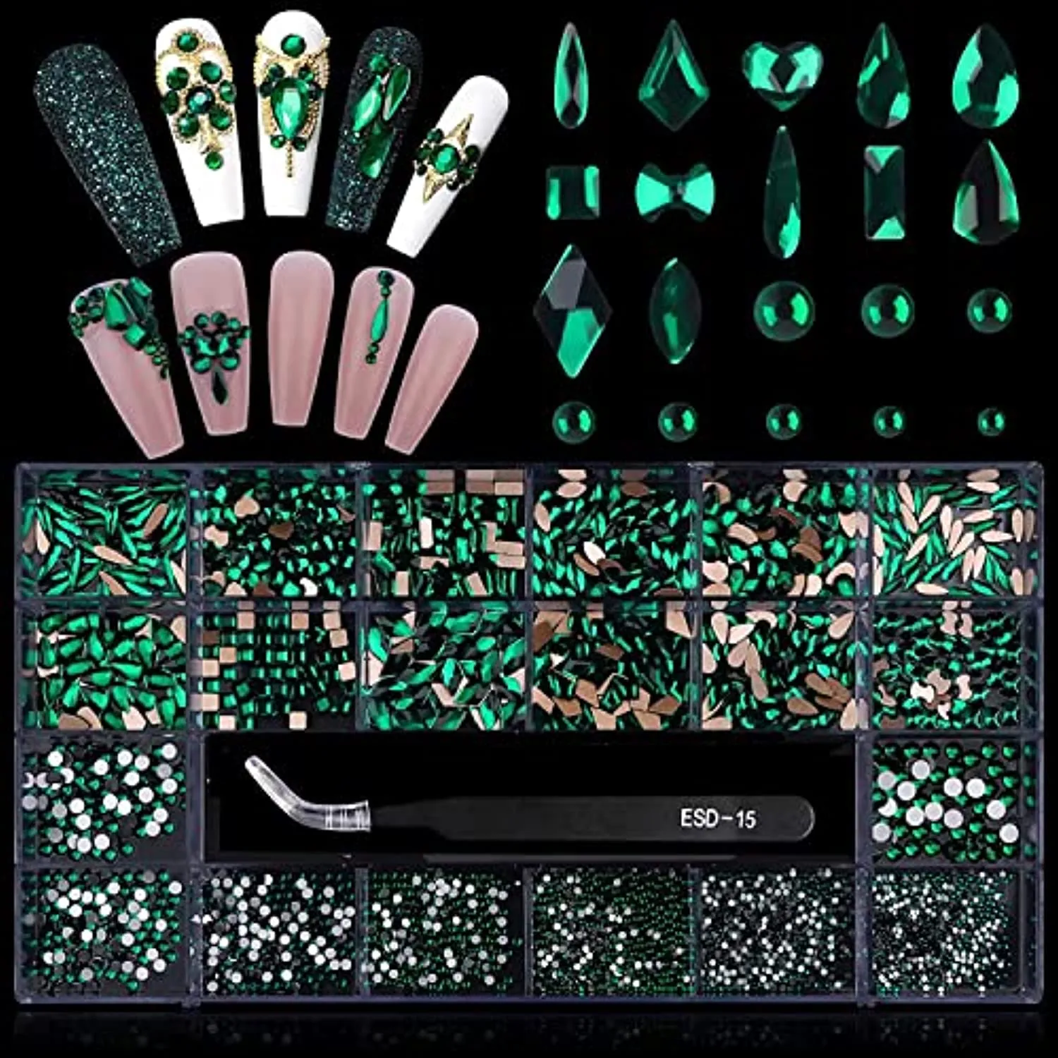 3100Pcs Professional Nail Rhinestones Kit EBANKU Green Nail Art Crystal Rhinestones for Nails Mixed Shape AB Nail Gems Jewels with Rhinestone Picker Dotting Pen Tweezers