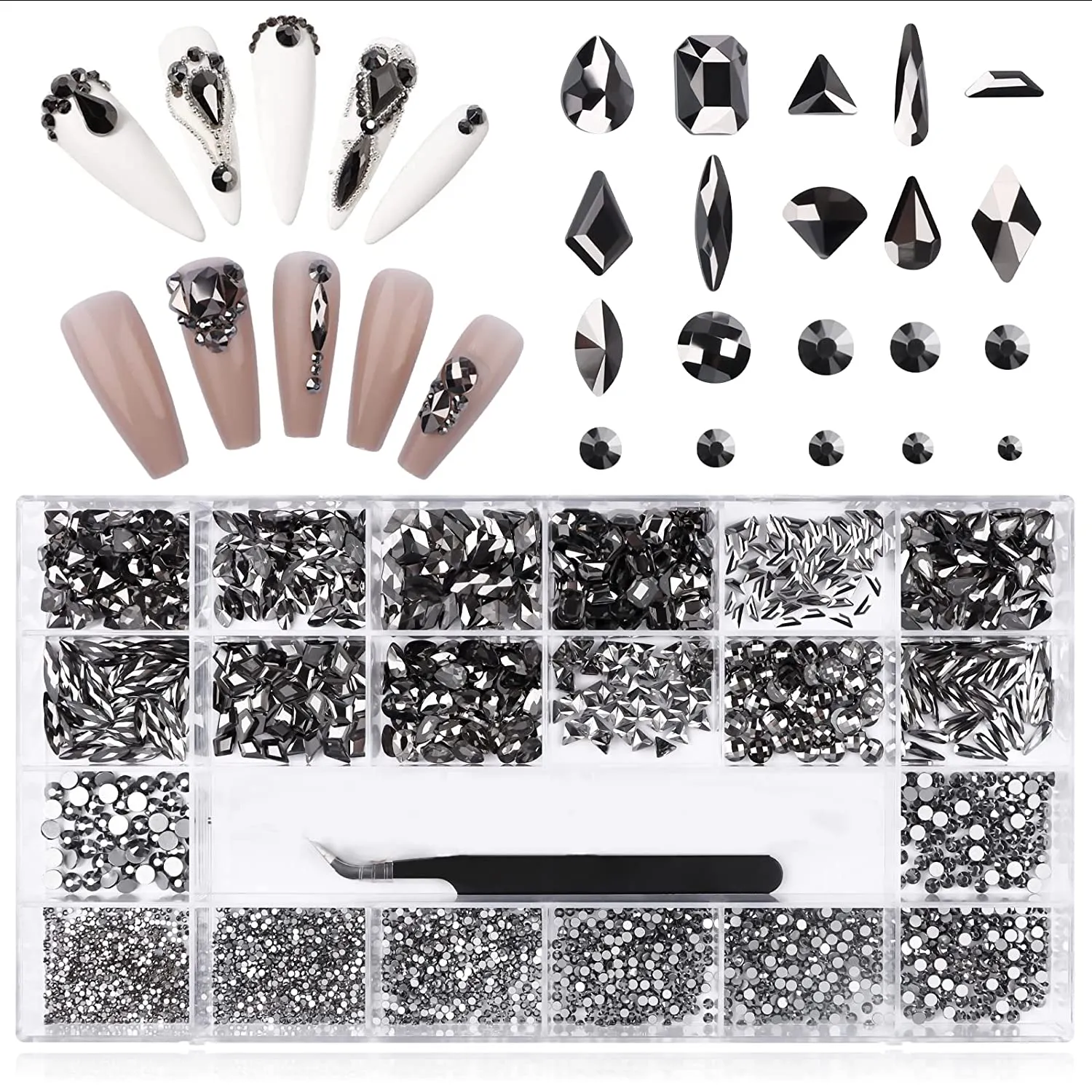 3100Pcs Professional Nail Rhinestones Kit EBANKU Green Nail Art Crystal Rhinestones for Nails Mixed Shape AB Nail Gems Jewels with Rhinestone Picker Dotting Pen Tweezers