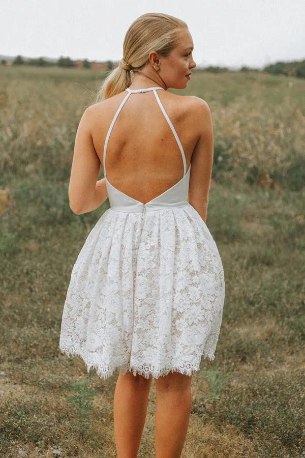 A-Line Ivory Lace Halter Backless Short Prom Dress Homecoming Dress HD0153