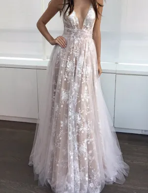 Amazing White Deep V-Neck Floor-length Sleeveless Champagne Tulle Prom Dress Formal Evening Gowns Lace Tulle Prom Dress 2018