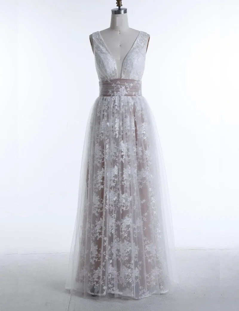 Amazing White Deep V-Neck Floor-length Sleeveless Champagne Tulle Prom Dress Formal Evening Gowns Lace Tulle Prom Dress 2018