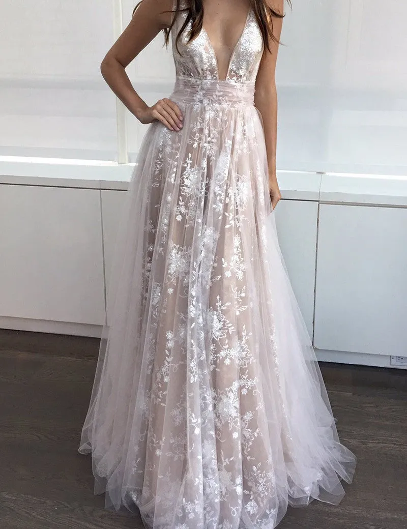 Amazing White Deep V-Neck Floor-length Sleeveless Champagne Tulle Prom Dress Formal Evening Gowns Lace Tulle Prom Dress 2018
