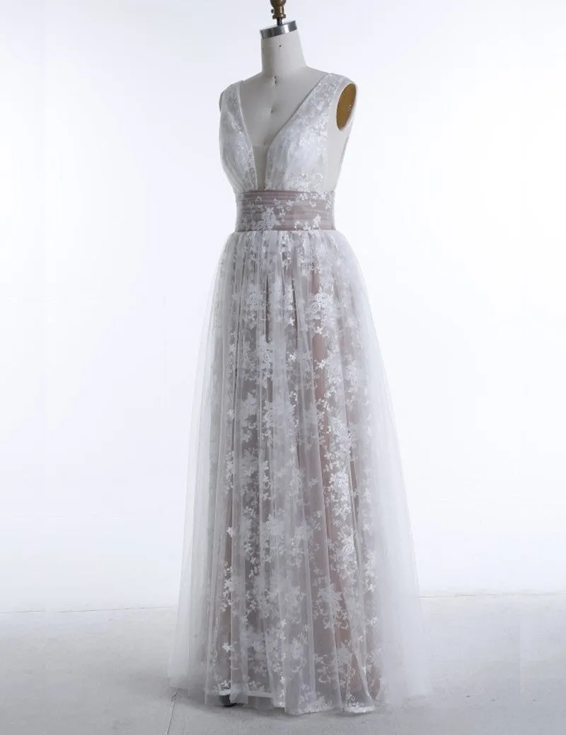 Amazing White Deep V-Neck Floor-length Sleeveless Champagne Tulle Prom Dress Formal Evening Gowns Lace Tulle Prom Dress 2018