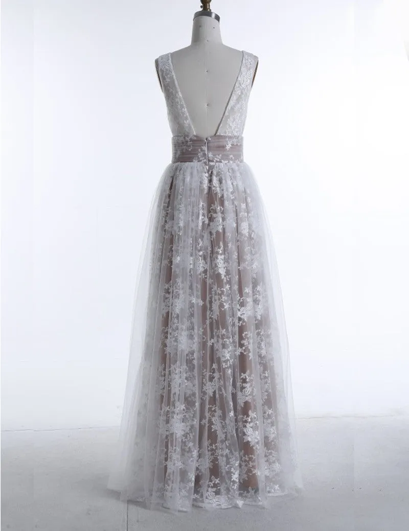 Amazing White Deep V-Neck Floor-length Sleeveless Champagne Tulle Prom Dress Formal Evening Gowns Lace Tulle Prom Dress 2018
