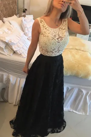 Anneprom A-Line Jewel Lace Sleeveless Pearls Black Long Prom/Evening Dress APP0049