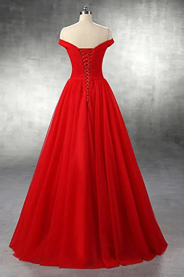 Anneprom A-Line Red Floor Length Tulle PromDresses Evening Dresses APB0011
