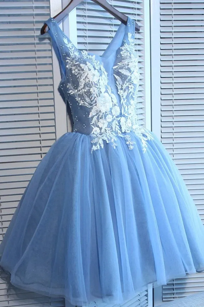 Anneprom Blue Tulle A Line Lace Appliques Short Homecoming Dresses APH0055