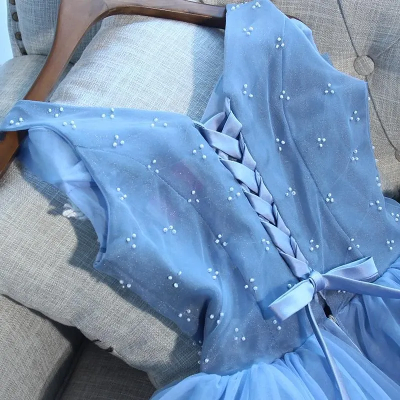 Anneprom Blue Tulle A Line Lace Appliques Short Homecoming Dresses APH0055