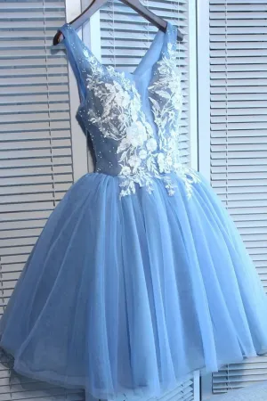 Anneprom Blue Tulle A Line Lace Appliques Short Homecoming Dresses APH0055
