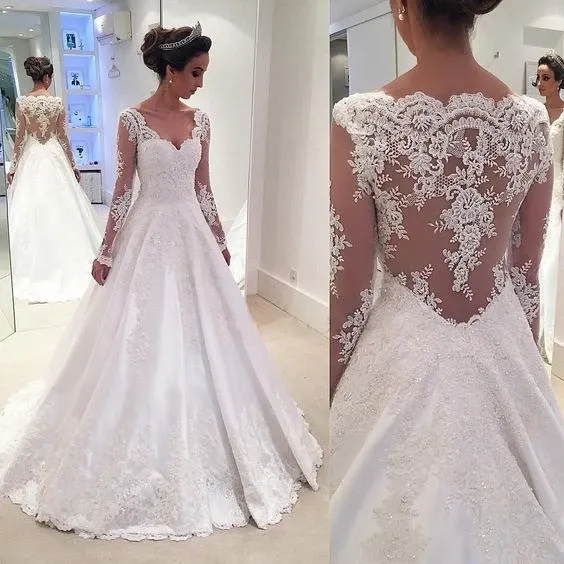 Anneprom Charming V Neck Appliques A Line Wedding Dress With Long Sleeves APW0030