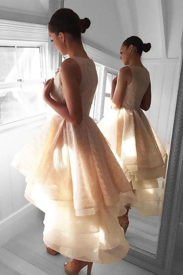 Anneprom High Low Peach Lace Short Homecoming Dress Party Dresses APP0279