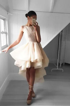 Anneprom High Low Peach Lace Short Homecoming Dress Party Dresses APP0279