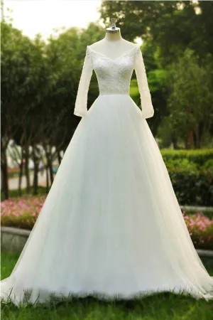 Anneprom High Quality V-Neck Floor Length Wedding Dresses With Long Sleeves APW0015