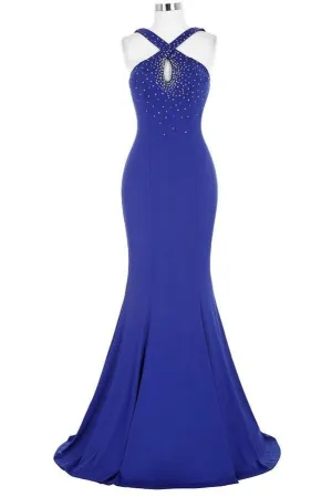 Anneprom Royal Blue Open Back Long Mermaid Beaded Sexy Prom Dresses APP0453
