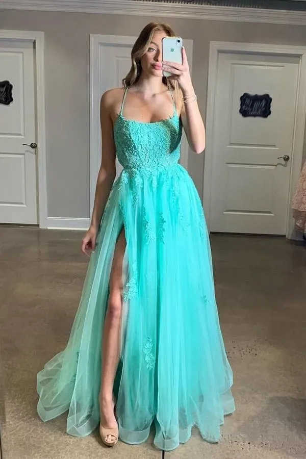 Anneprom Spaghetti Straps High Slit Evening Dress Appliqued Sweep Train Long Prom Dress APP0007