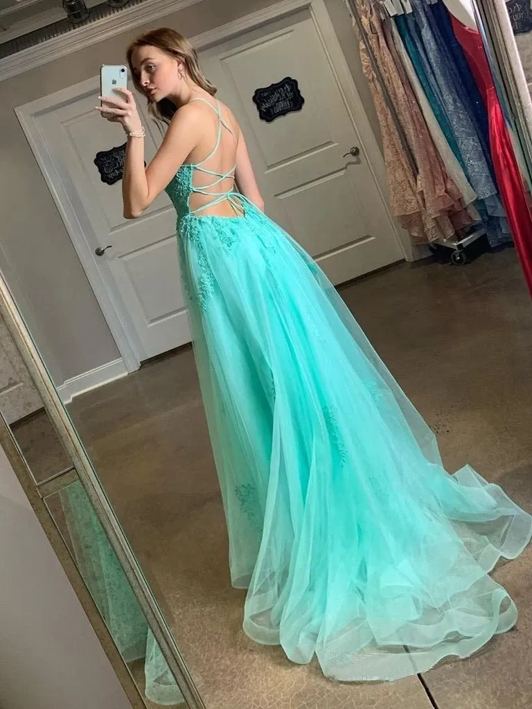 Anneprom Spaghetti Straps High Slit Evening Dress Appliqued Sweep Train Long Prom Dress APP0007