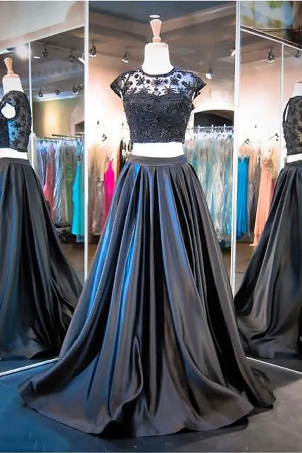 Anneprom Two Piece A-Line Black Cap Sleeve Prom Dresses Evening Dresses APP0056