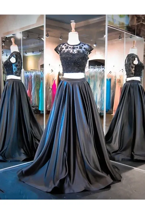 Anneprom Two Piece A-Line Black Cap Sleeve Prom Dresses Evening Dresses APP0056