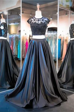 Anneprom Two Piece A-Line Black Cap Sleeve Prom Dresses Evening Dresses APP0056