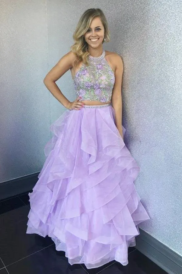 Anneprom Two Piece Halter Floor-Length Organza Evening Dress With Appliques APP0268