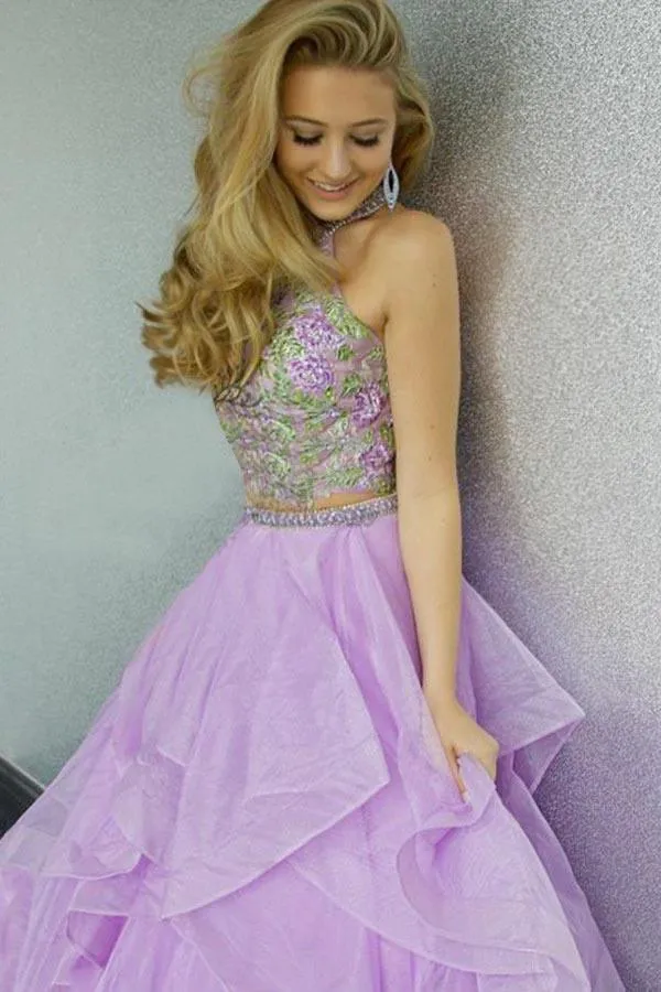 Anneprom Two Piece Halter Floor-Length Organza Evening Dress With Appliques APP0268