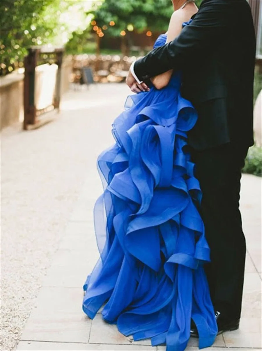 Asymmertrical Organza Ruffle Wedding Dress with Ruffles on Bottom High Low Prom Dress Sweetheart Colored Wedding Dress Evening Dress Online