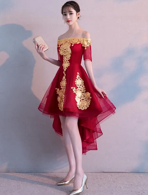 Beautiful Dark Red High Low Tulle Party Dress, Wine Red Off Shoulder Prom Dress