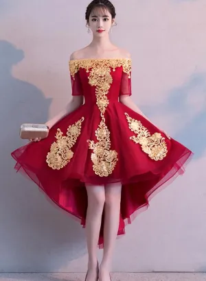 Beautiful Dark Red High Low Tulle Party Dress, Wine Red Off Shoulder Prom Dress