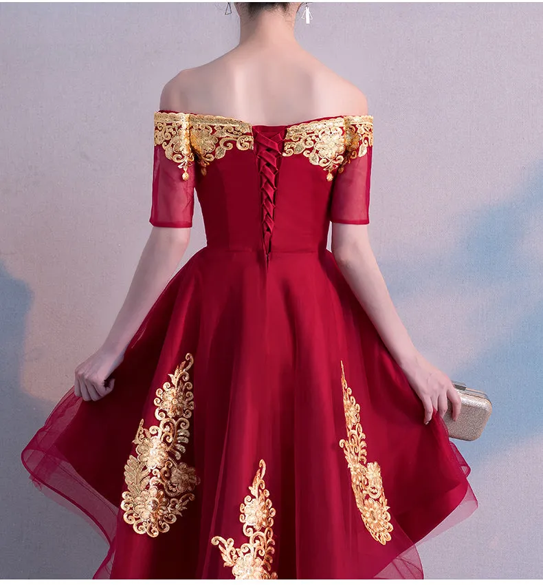 Beautiful Dark Red High Low Tulle Party Dress, Wine Red Off Shoulder Prom Dress