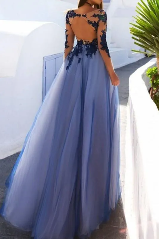 Blue Lace Open Back See Through Long Sleeve Evening Dress, Prom Dresses, MP141