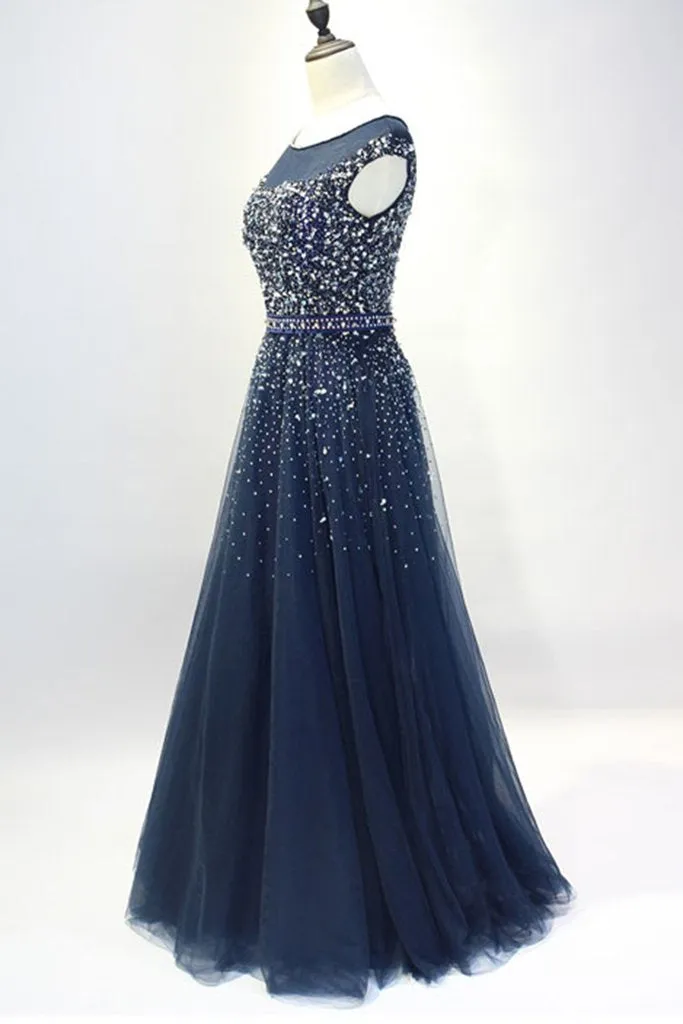 Blue Sparkle Beaded Tulle Long Formal Dresses, Handmade High Quality Party Dresses, Prom Dresses