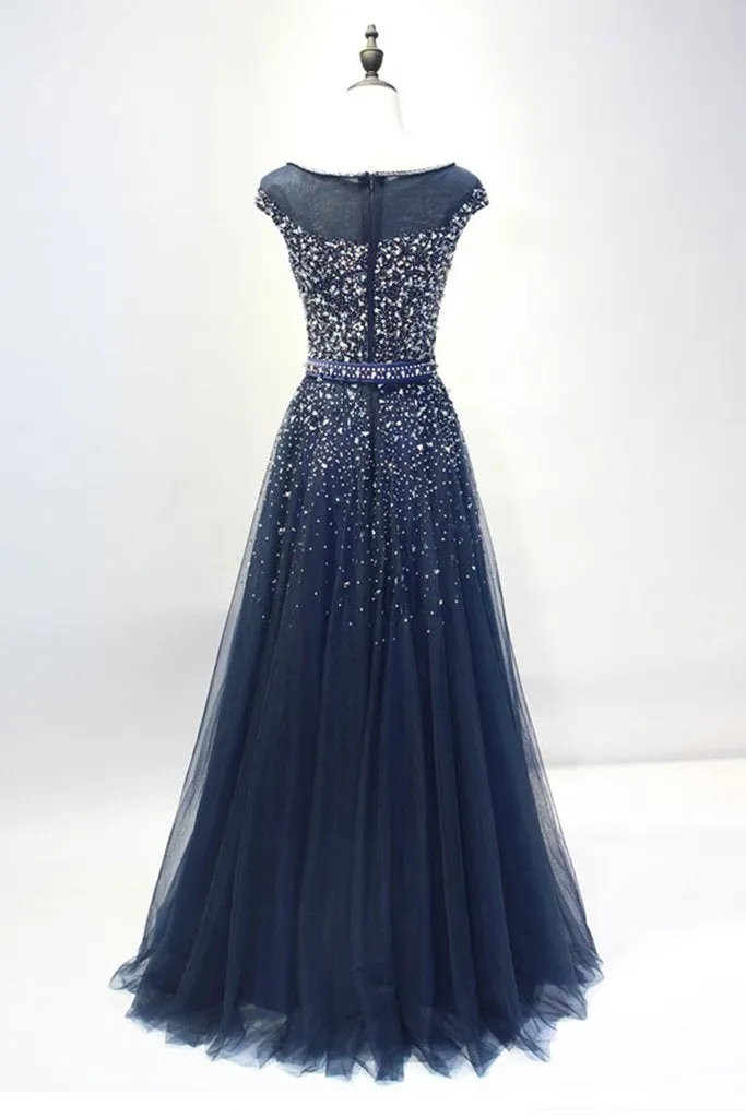 Blue Sparkle Beaded Tulle Long Formal Dresses, Handmade High Quality Party Dresses, Prom Dresses