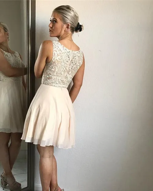Chiffon Bateau Neckline Beaded A-line Homecoming Dress With Appliques, MH178