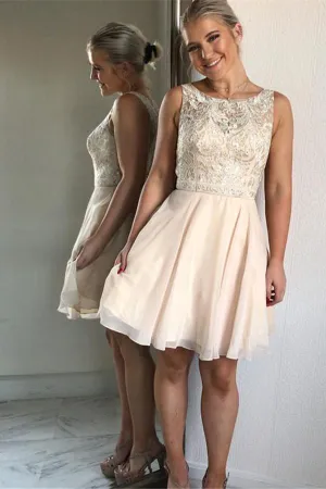 Chiffon Bateau Neckline Beaded A-line Homecoming Dress With Appliques, MH178