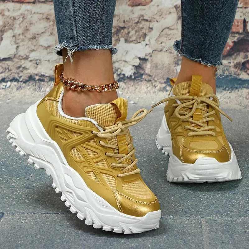 Clunky Sneaker Trend Thick Sole Mesh Surface Breathable Casual Sports Single Shoes Lace-up All Outdoor Fashion Shoes Women