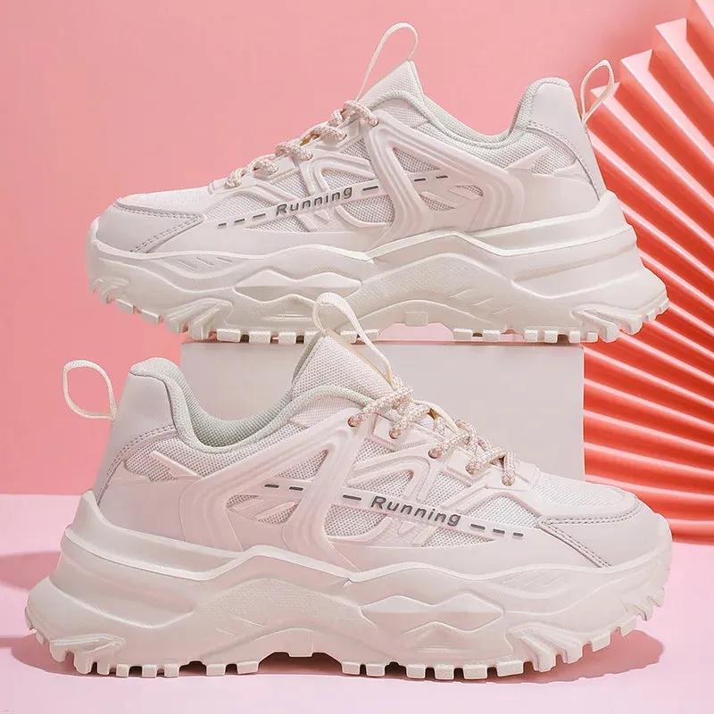 Clunky Sneaker Trend Thick Sole Mesh Surface Breathable Casual Sports Single Shoes Lace-up All Outdoor Fashion Shoes Women