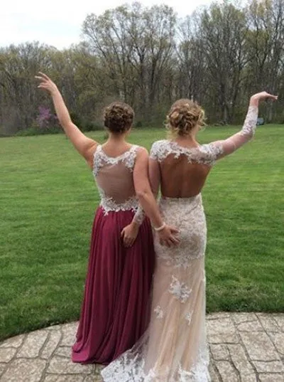 Elegant A-Line Sweetheart Floor Length Burgundy Chiffon Evening/Prom Dress Straps Burgundy Lace Bridesmaid Dress Backless Prom Dress 2018